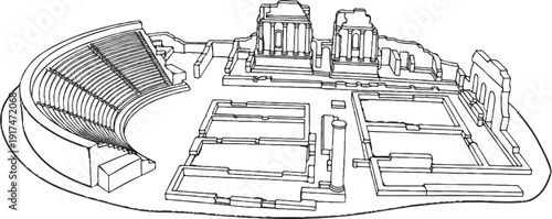 Ancient Roman amphitheater and temple ruins in monochrome illustration