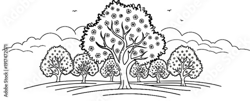 A stylized black and white illustration of a grove of trees under a cloudy sky