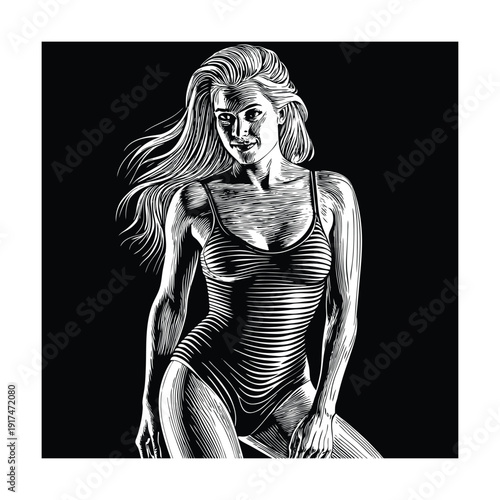 Beautiful blonde girl in swimsuit elegant vintage pinup style vector illustration.