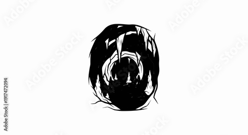 Abstract black and white creature's maw, sharp teeth, dark abyss within