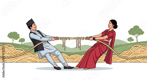 Traditional Nepali couple pulling rope, cultural wedding illustration, Nepalese man and woman in ethnic attire, rural landscape background, symbolizing unity and partnership in marriage,  Nepal