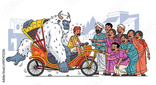 Vibrant Nepalese street scene with a mythical Yeti riding a traditional rickshaw surrounded by joyful locals in colorful attire, blending culture and fantasy in a lively urban setting.