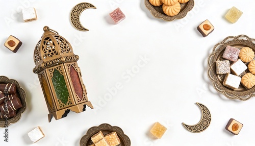 Eid Celebration Flat Lay with Lantern and Sweets