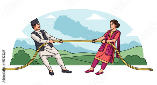 Traditional Nepali couple in cultural attire playing tug of war with a rope, set against a scenic landscape of Nepal, representing teamwork and unity in a fun and playful way, symbolizing love and