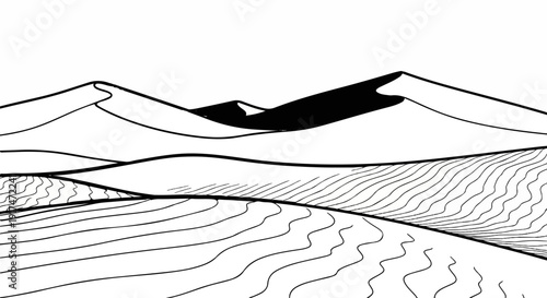 Abstract black and white depiction of sand dunes under a clear sky