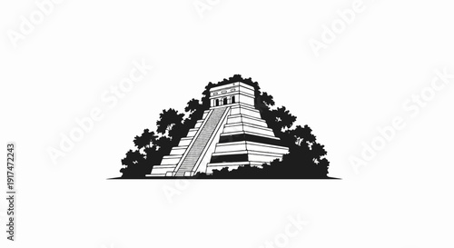 Ancient stepped pyramid structure with lush foliage surrounding it