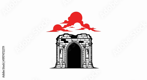 Ancient stone archway with stylized red clouds above
