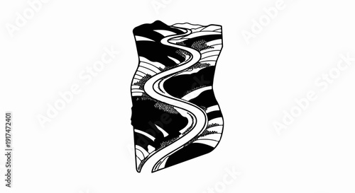 A winding river flows through a stylized, hilly landscape with sparse trees