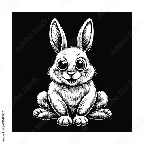 Cute little happy rabbit with big eyes charming storybook vintage vector illustration.