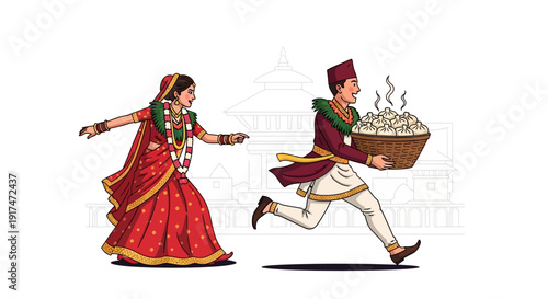 Traditional Nepali couple in festive attire running with food, cultural illustration for wedding or celebration, vibrant red and maroon clothing with golden accents, steaming basket of food,