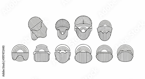 Abstract line art depicts a variety of stylized head-like forms