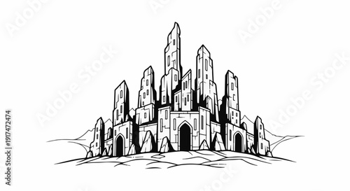Ancient stone fortress with jagged towers and arched entrances on rocky terrain