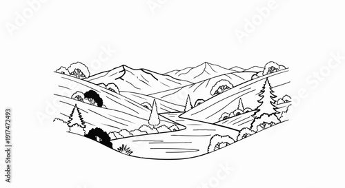 A winding river flows through rolling hills dotted with trees towards majestic mountains