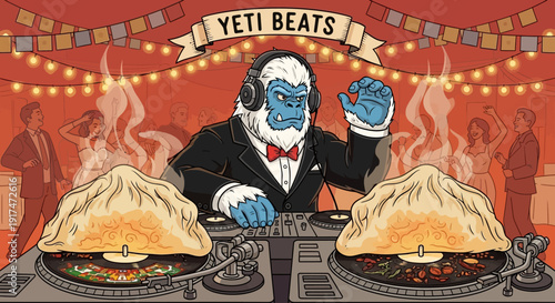 A blue yeti wearing headphones and a tuxedo spinning records with a banner that reads 'Yeti Beats' in a vibrant party scene with people dancing in the background, Nepalese culture fusion.