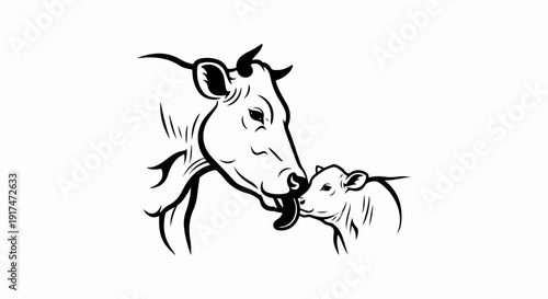A stylized black and white illustration shows a mother cow nuzzling her calf