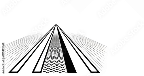 Abstract black and white graphic representation of a road with wavy lines