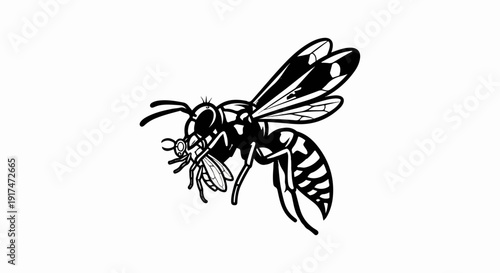 A stylized black and white insect with striped body catches a smaller insect