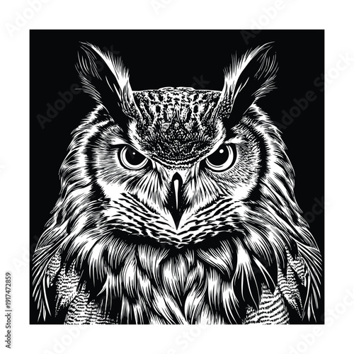 Detailed Black and White Portrait of a Majestic Great Horned Owl.