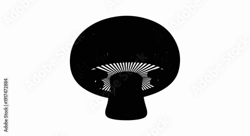 A stylized, black and white silhouette of a mushroom with radiating gills