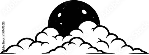 A stylized black circle with white dots is partially obscured by fluffy white clouds