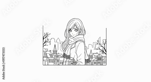 Anime style portrait of a young woman in a scarf against a European cityscape