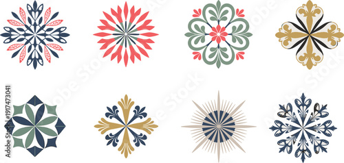 Floral motif illustration set, geometric pattern artwork, ornamental vector design, decorative graphic pack, symmetrical symbol collection, colorful tile sketch