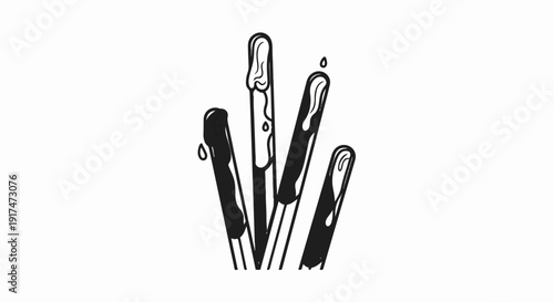 Abstract black ink drips on stylized upright sticks