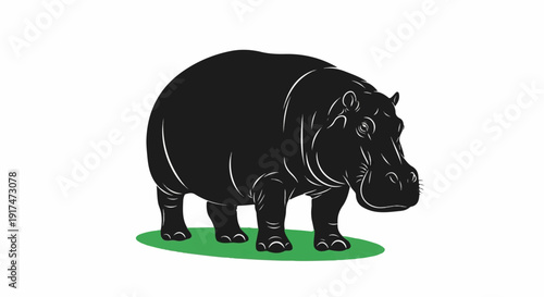 A stylized black hippopotamus stands on a patch of green grass