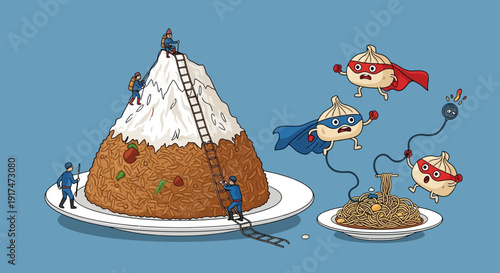 Cartoon illustration of people climbing a mountain of food with dumplings and noodles, a humorous concept of food struggle and teamwork