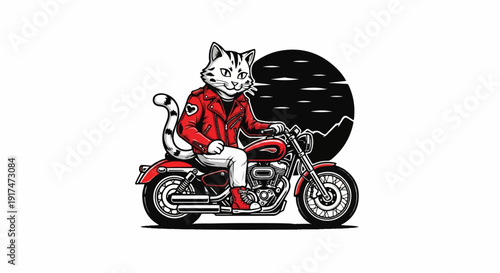 Anthropomorphic cat wearing a red leather jacket rides a motorcycle