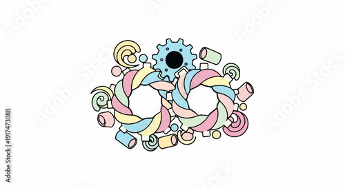 Abstract pastel-colored twisted rings with a blue gear and cylindrical shapes