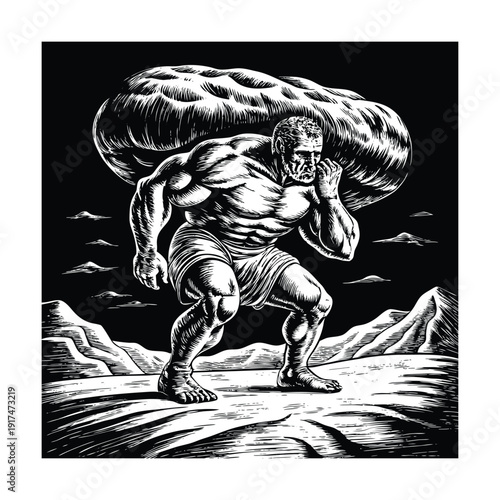 Giant carrying a burden dramatic mythological vintage engraving vector illustration.
