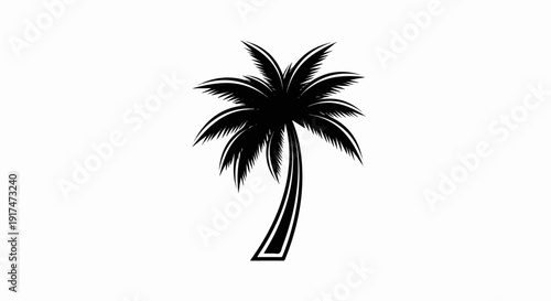 A stylized black silhouette of a palm tree with broad fronds curves upwards against white