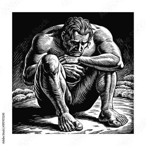 Giant despair allegorical antique engraving style vector illustration.