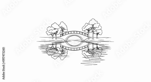 Arch bridge with trees and reflections in water