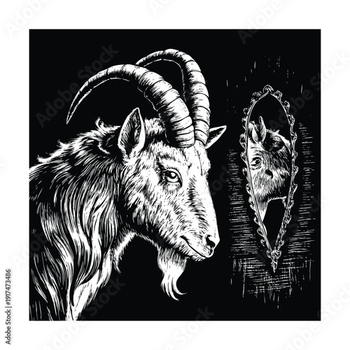 Goat and mirror symbolic vintage fable engraving vector illustration.