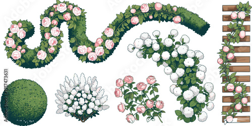 Garden floral illustration set, rose bush artwork, hedge vector design, trellis graphic pack, landscaping symbol collection, decorative plant arrangement sketch