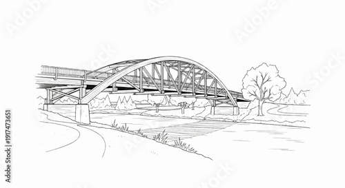 Arching steel bridge spans a tranquil river with a winding path and lush trees