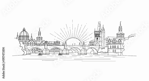 Architectural sketch of a historic European city skyline at sunrise over a river
