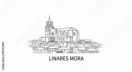 Architectural sketch of a town with a prominent church on a hill