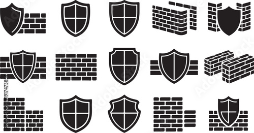 Security icons and brick wall graphics in black and white