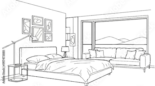 Bedroom with large window showcasing a serene landscape view and cozy seating