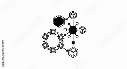 Abstract diagram showing interconnected geometric shapes and cubes