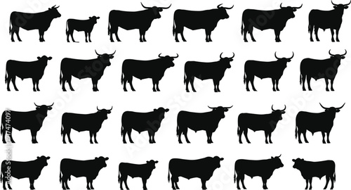 Farm animals collection vector set with silhouettes of cow goat horse pig chicken dog sheep bull cat duck and deer