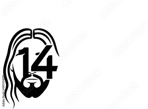 Abstract face with flowing hair and beard features the bold number 14
