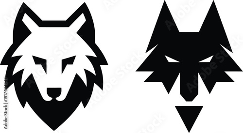 A black and white image of two wolf heads Vector