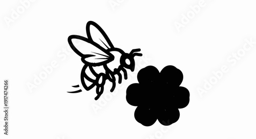 Black and white drawing of a bee flying towards a stylized flower