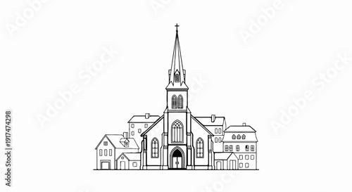 Black and white drawing of a church with a steeple and surrounding buildings