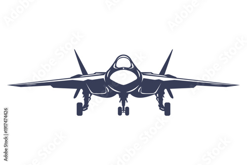 Front-facing silhouette modern aircraft SU 57. Black and white jet vector illustration in minimalist monochrome style. Russia modern combat aircraft.