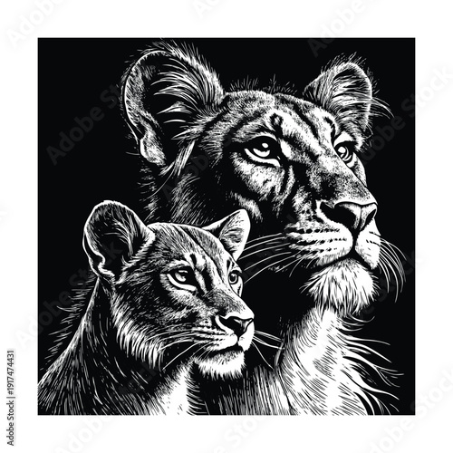 Lioness and cub portrait detailed wildlife antique engraving vector illustration.